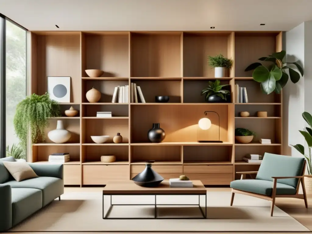 Diseño de almacenamiento en hogar sostenible: Sala minimalista con estantería de madera integrada, plantas, cestas ecológicas y libros apilados