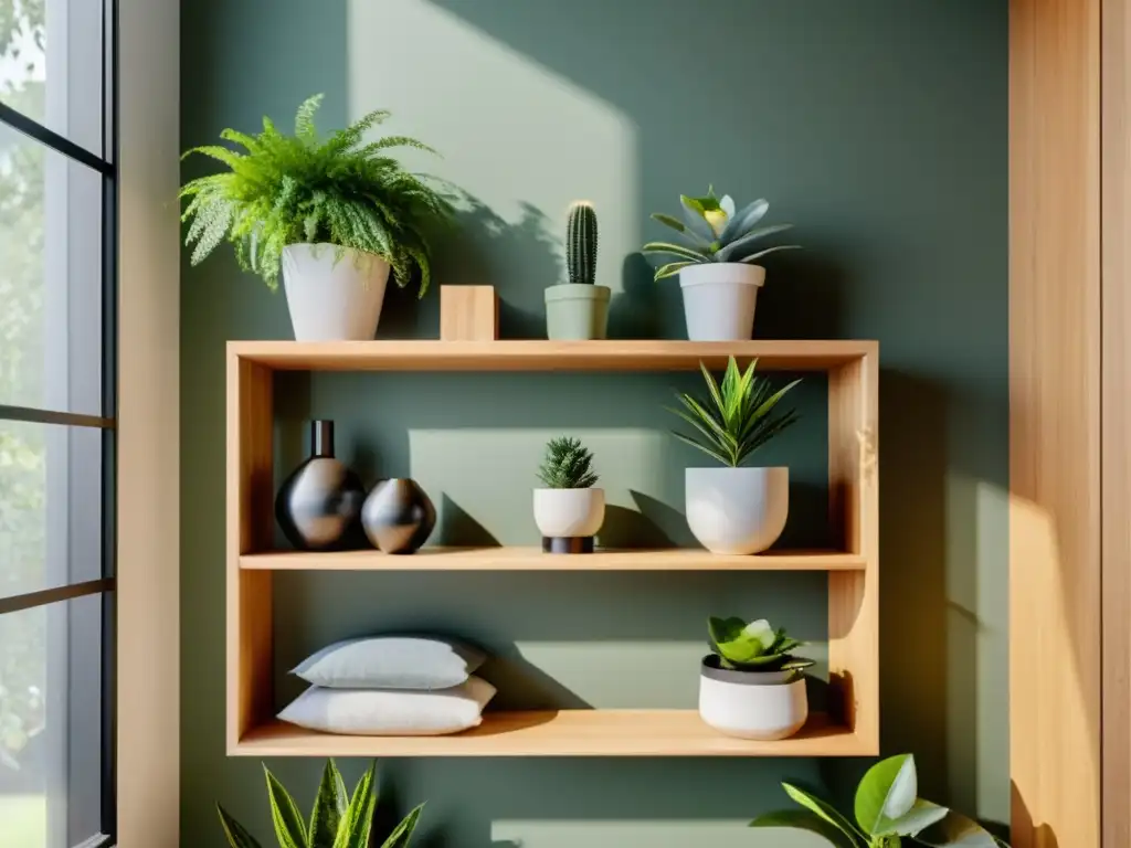 Diseño de almacenamiento en hogar sostenible: Elegante estantería de madera con organizadores y plantas, bañada en luz natural