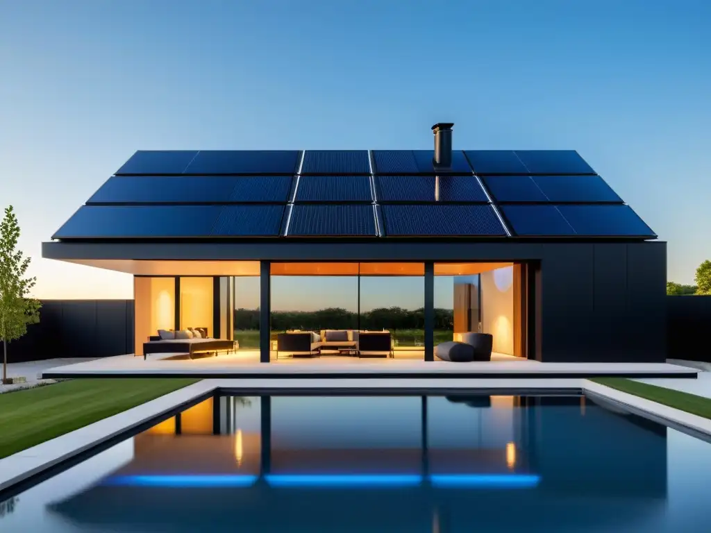 Diseño arquitectónico casas paneles solares: Casa moderna con paneles solares integrados en un día soleado y cielo azul