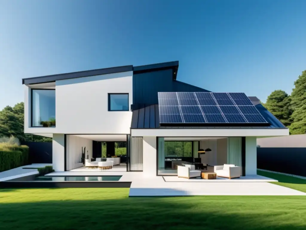 Diseño arquitectónico casas paneles solares: casa moderna con paneles solares integrados en el techo y la fachada, elegante y sostenible