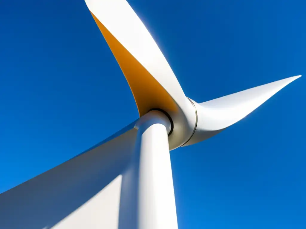 Diseño de aspas para captura de viento: Imagen de alta resolución de una elegante aspa de turbina eólica, con curvas aerodinámicas y textura de superficie precisa, contrastando con un cielo azul claro y destellos de luz solar