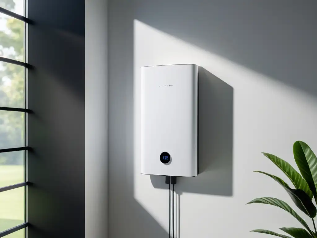 Diseño de baterías personalizado para hogar sostenible: una moderna unidad instalada en una pared blanca, con luz natural filtrándose desde la ventana