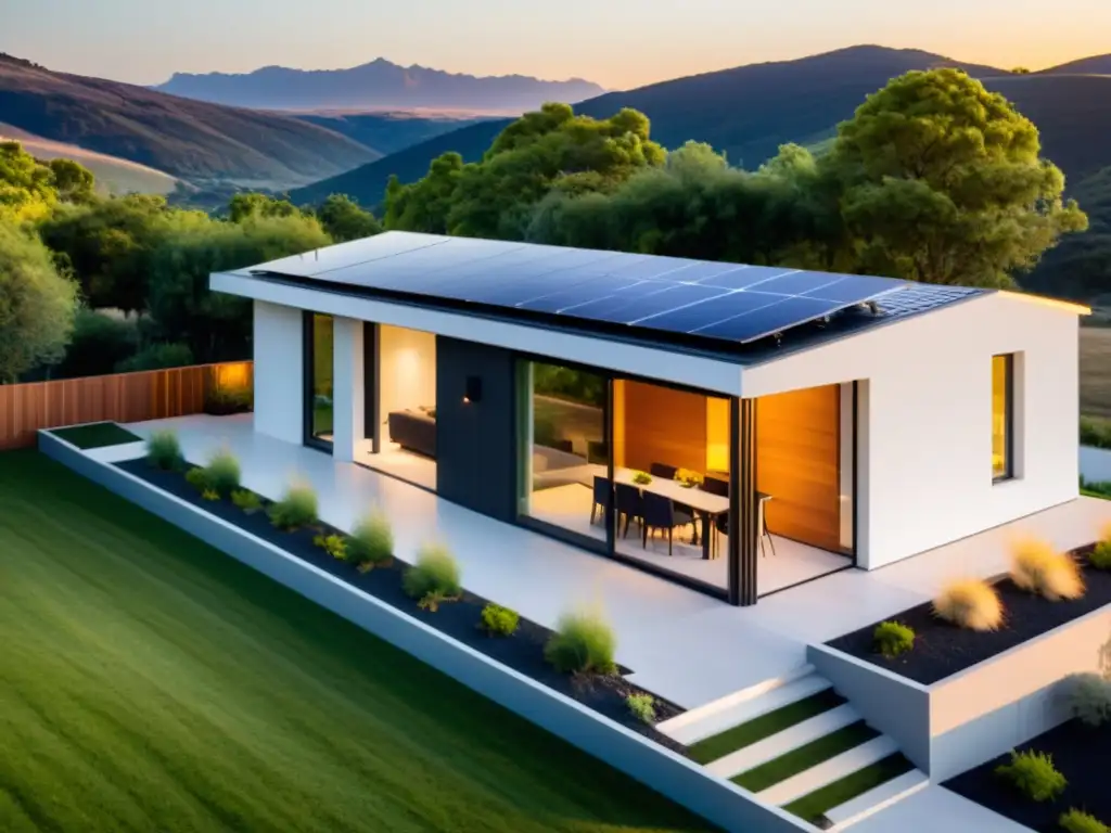 Diseño de baterías personalizado para hogar sostenible con paneles solares y moderna arquitectura ecoeficiente al atardecer