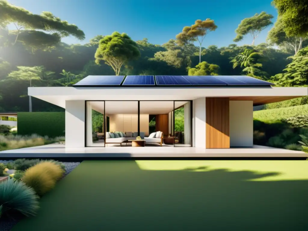 Diseño bioclimático para hogar sostenible: Casa moderna con ventanas energéticamente eficientes, vegetación nativa y paneles solares