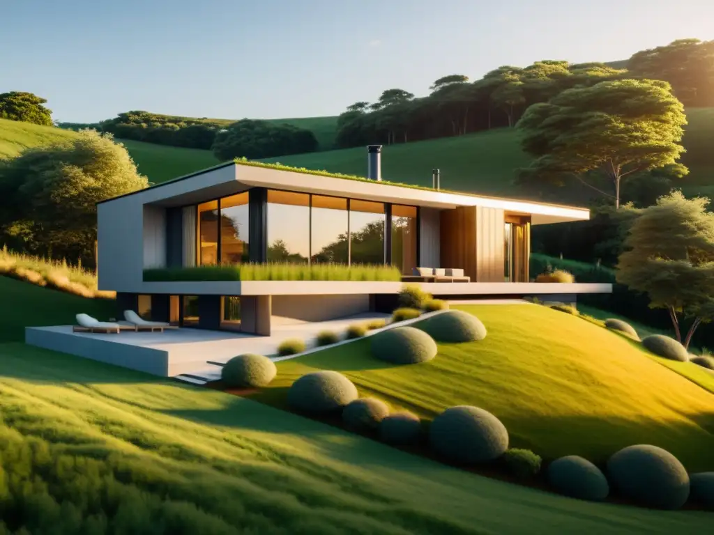 Diseño bioclimático para hogar sostenible: Imagen 8k detallada de una moderna casa ecológica en un paisaje exuberante al atardecer