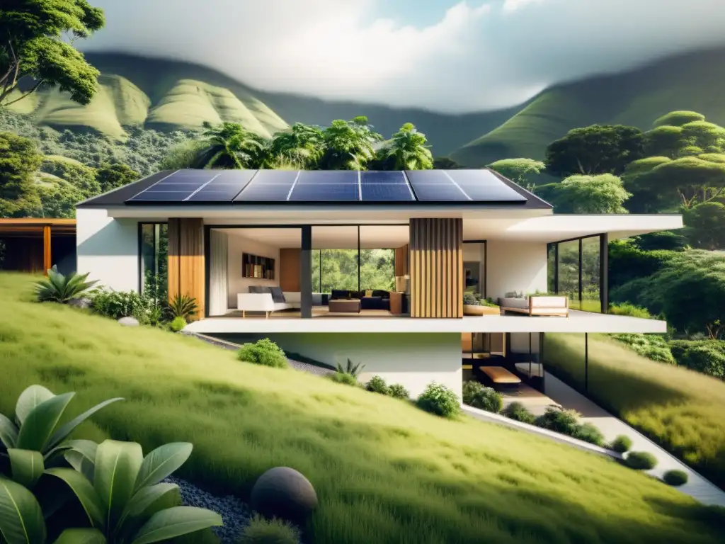 Diseño bioclimático para hogar sostenible: Casa moderna en entorno natural, con paneles solares y diseño sustentable