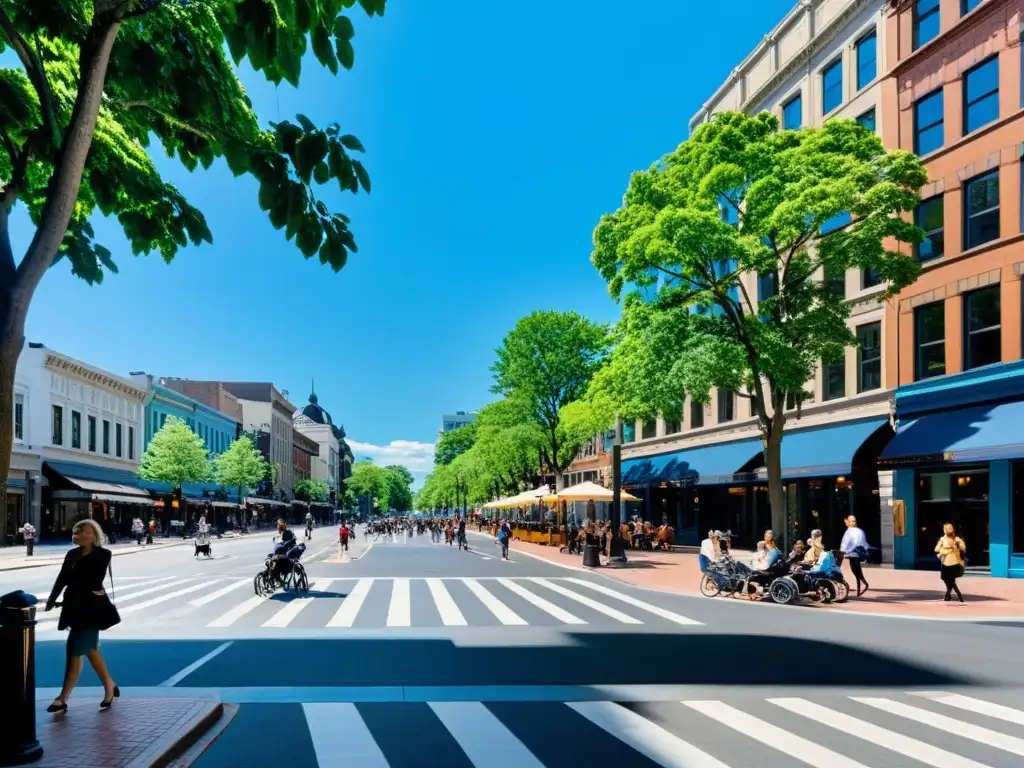 Diseño de calles completas sostenibles: Una bulliciosa calle de la ciudad con aceras amplias, árboles y áreas de descanso al aire libre