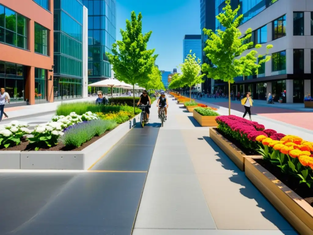 Diseño de calles completas sostenibles: Una bulliciosa calle urbana con vegetación, peatones y un carril bici separado por jardineras coloridas