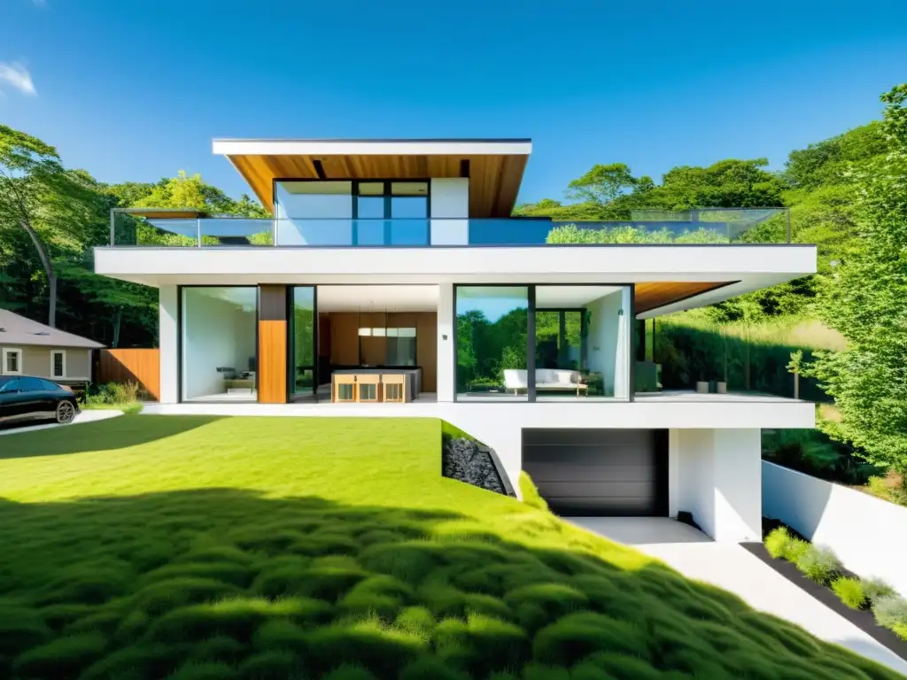 Diseño de casas pasivas sostenibles: Casa moderna de tres pisos con techo verde, paneles solares y grandes ventanas, integrada en un entorno natural exuberante