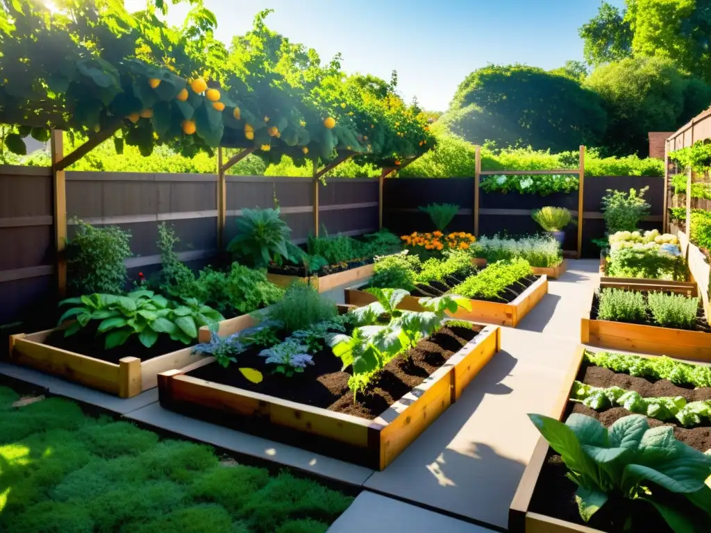 Diseño de jardines comestibles sostenibles: Un exuberante jardín rebosante de vida, colores y movimiento, con frutas, verduras y hierbas en armonía