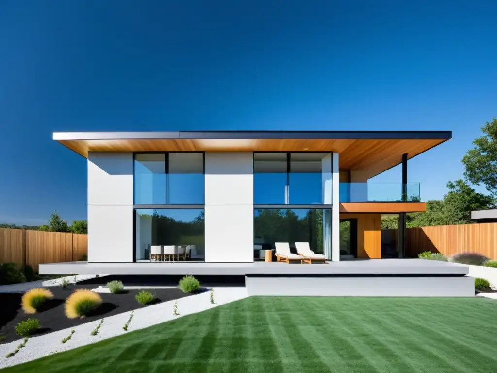 Elegante casa solar pasiva bañada por luz natural Diseño contemporáneo de hogar con estrategias de energía solar pasiva, grandes ventanales y paisajismo cuidadoso en día soleado