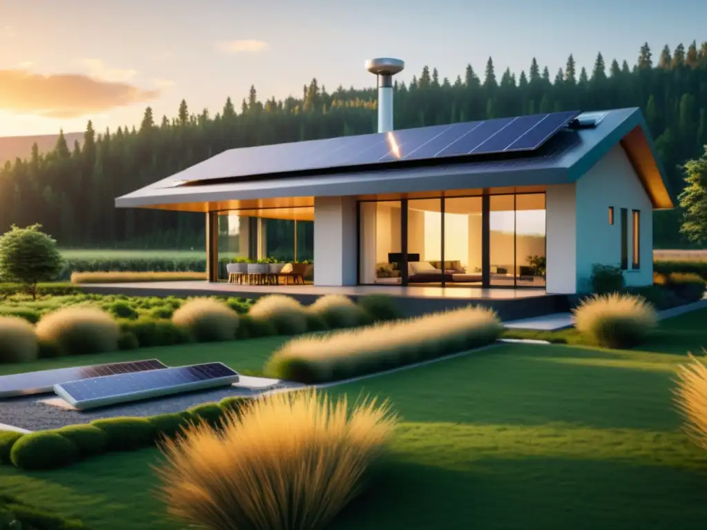 Diseño para independencia energética: Casa moderna offgrid con paneles solares, molino de viento y paisaje verde