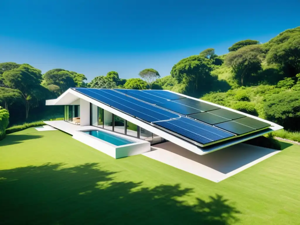 Diseño para independencia energética: Casa minimalista futurista con paneles solares integrados en armonía con la naturaleza y el cielo azul