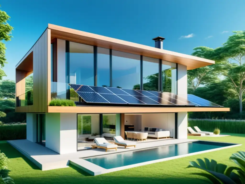 Diseño para independencia energética: casa ecológica con tecnologías renovables integradas en un entorno natural exuberante y cielo azul claro