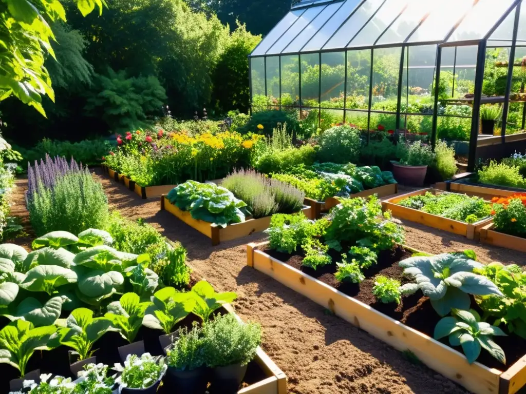 Diseño de jardines autosuficientes: Un exuberante jardín con huertos ordenados, flores y un invernadero, bañado por la luz del sol y vida natural