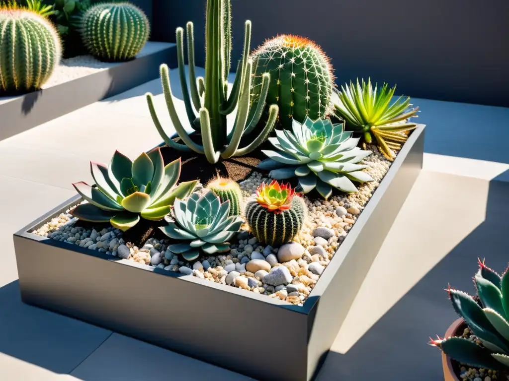 Diseño de jardín minimalista con suculentas y cactus en maceta geométrica, estrategias paisajismo ahorrar energía