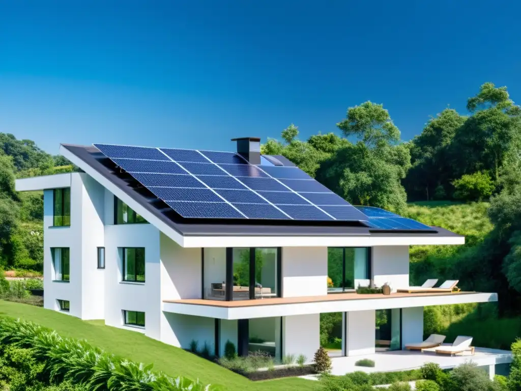 Diseño sostenible con energías renovables: hogar moderno rodeado de naturaleza y paneles solares brillantes bajo el cielo azul