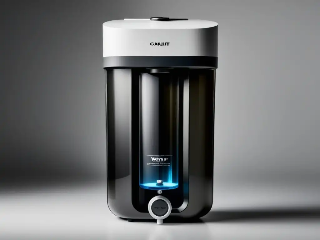 Purificador de agua portátil: diseño minimalista y agua cristalina Dispositivo de purificación de agua de bajo costo, elegante y efectivo, filtrando agua cristalina en un fondo blanco