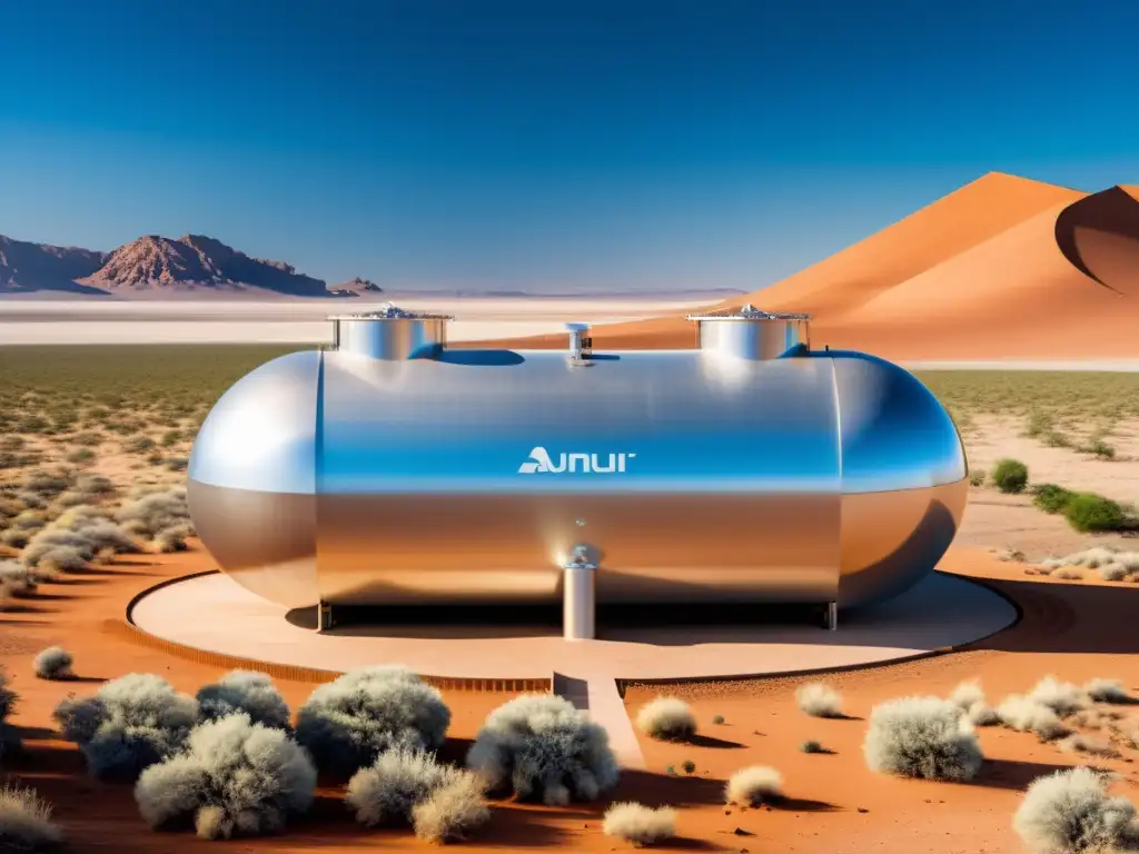 Dispositivo atmosférico captura agua en zonas secas: estructura futurista integrada en paisaje árido, captando agua con elegancia y eficiencia