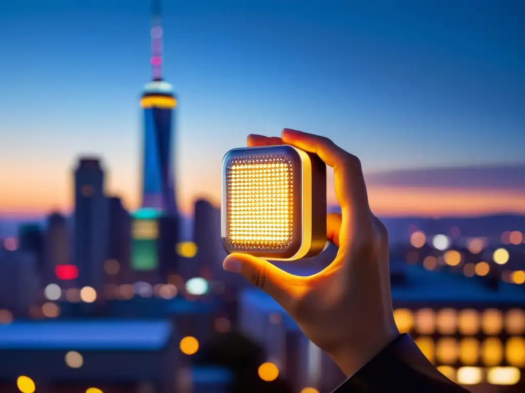 Un dispositivo de bioenergía portátil iluminado en mano, frente a una ciudad al anochecer