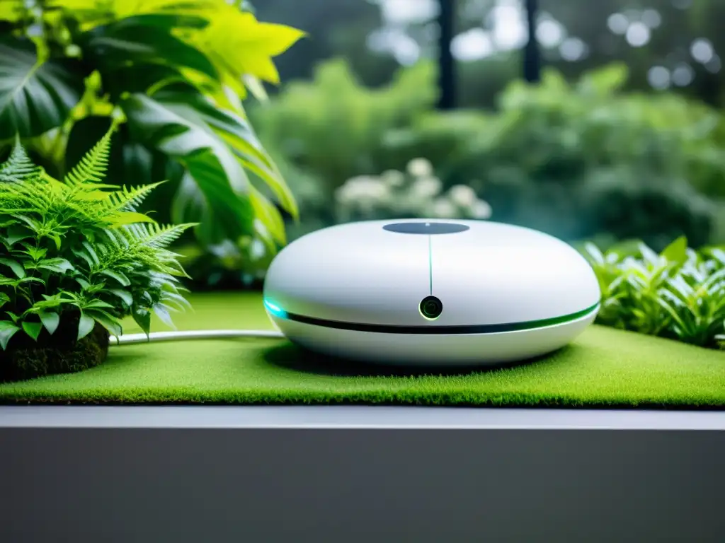 Un dispositivo de casa inteligente se integra perfectamente en un exuberante jardín, creando un equilibrio armonioso entre tecnología y naturaleza