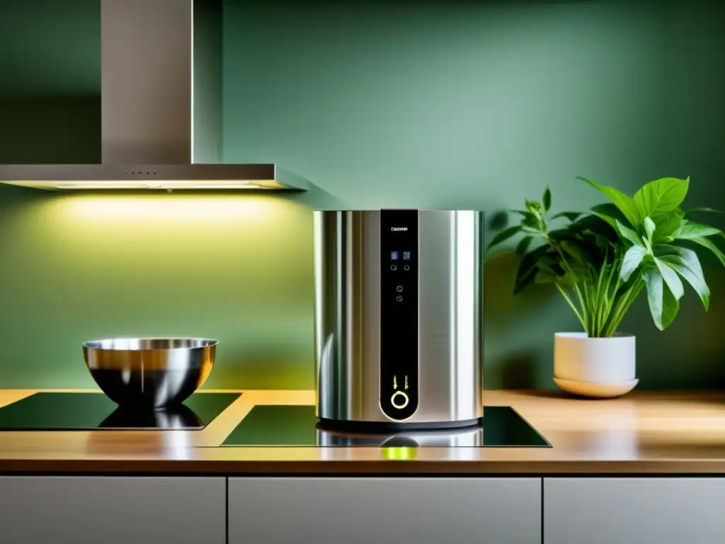 Un dispositivo doméstico de bioenergía sostenible destaca en una cocina moderna y luminosa, con un diseño innovador y elegante