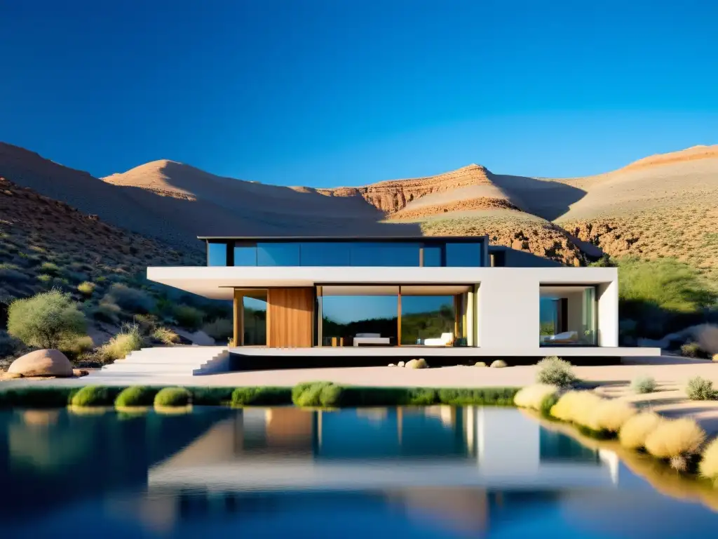 Dispositivos atmosféricos captura agua zonas secas: Casa sostenible con elegante diseño en paisaje árido y cielo azul