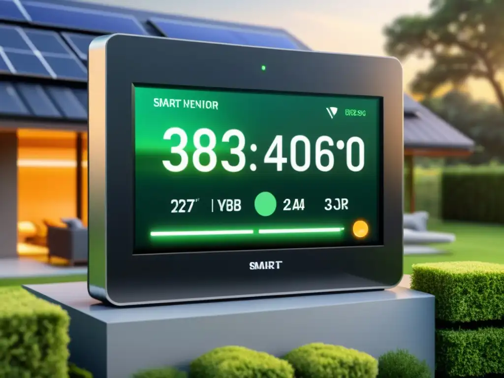 Dispositivos control consumo eléctrico hogar: Monitor inteligente de energía en casa moderna con paneles solares y jardín verde