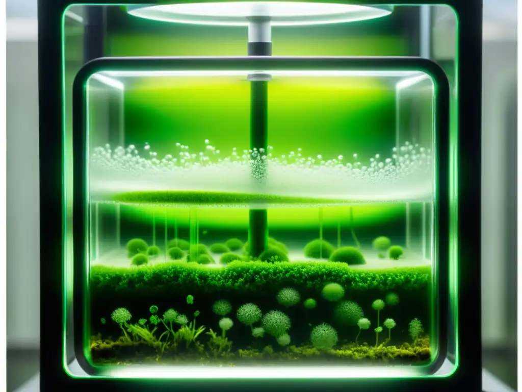 Producción doméstica de biocombustible con microalgas: Detalle de bioreactor de vidrio con microalgas verdes vibrantes, iluminadas suavemente