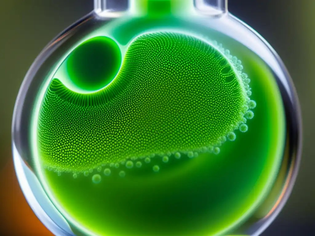 Producción doméstica de biocombustible con microalgas: Detalle fascinante de microalgas verdes en un frasco de vidrio bajo microscopio, con patrones e texturas intrincados