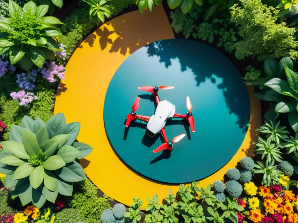 Un dron con sensores captura datos en un jardín ecológico lleno de flores y follaje