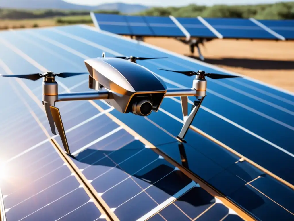 Un drone futurista realiza mantenimiento en paneles solares con precisión y tecnología avanzada