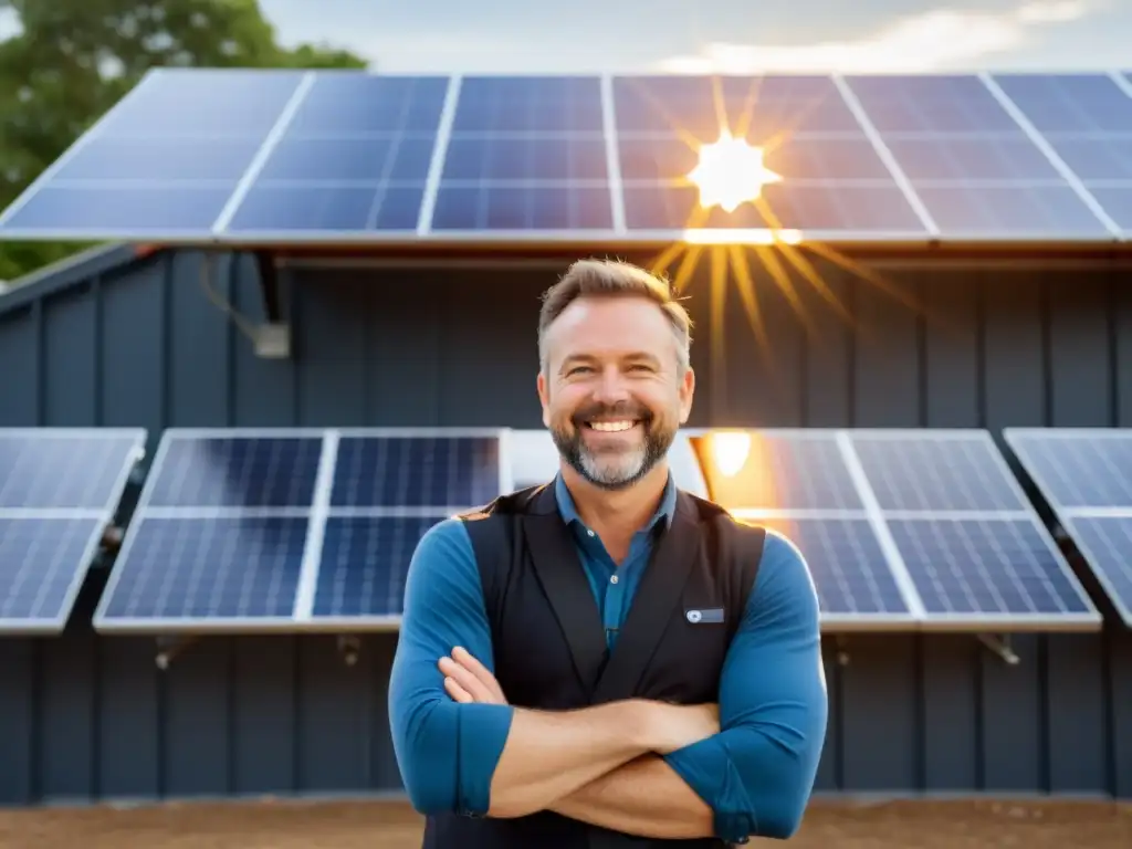 Un dueño de pequeña empresa se para orgulloso frente a sus paneles solares recién instalados, con el sol brillando cálidamente sobre la escena