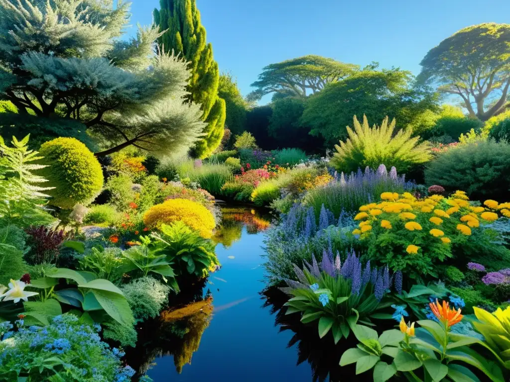 Jardín exuberante con diversidad de plantas nativas y vida silvestre Un jardín ecológico exuberante y armonioso, con plantas nativas, abejas y mariposas