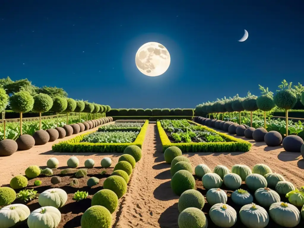 Jardín ecológico iluminado por la luna, reflejando la influencia del ciclo lunar en la naturaleza