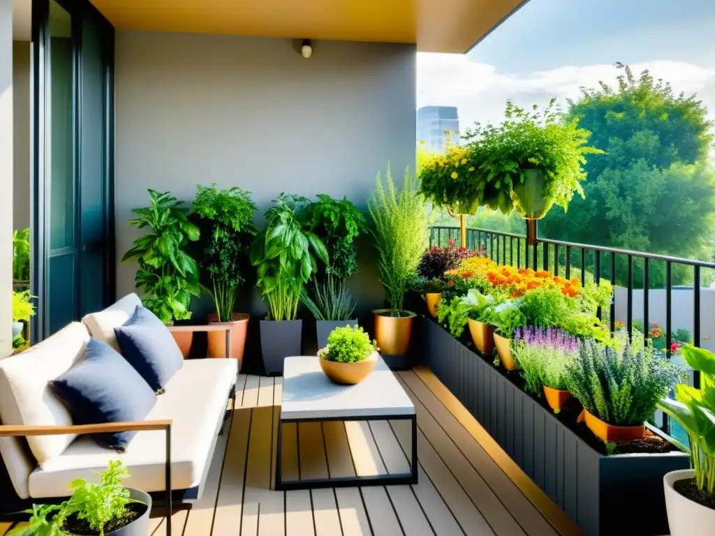 Un jardín ecológico en el balcón, rebosante de hierbas, flores y verduras, bañado por la cálida luz del sol