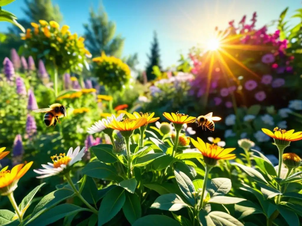 Un jardín ecológico rebosante de vida, con abejas revoloteando entre flores nativas