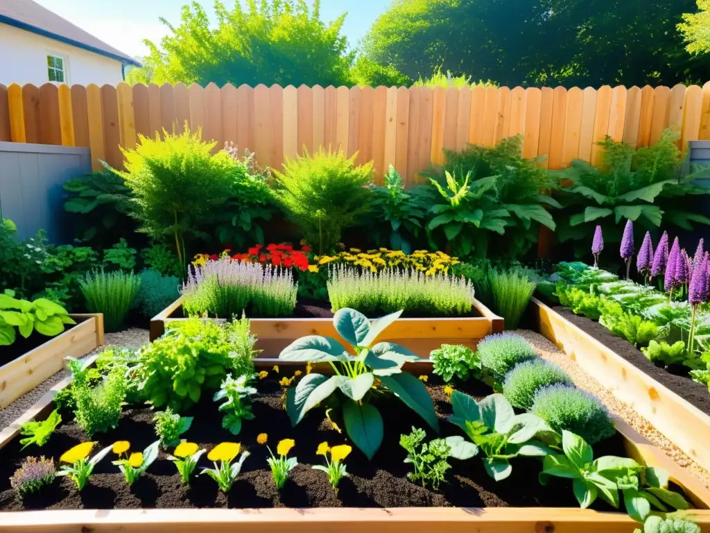Hermoso jardín ecológico con camas elevadas y biodiversidad Un jardín ecológico sereno con huertos ordenados llenos de vegetales y hierbas vibrantes, bañado por la cálida luz del sol