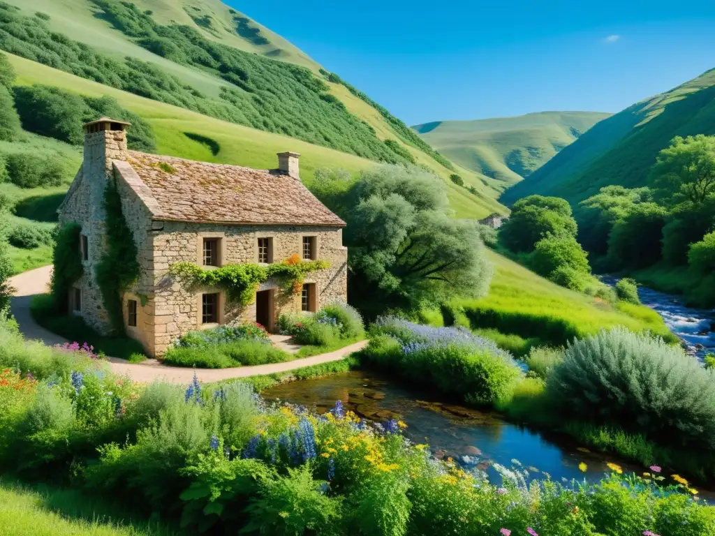 Edificio antiguo en valle verde, rehabilitación ecológica, armonía con la naturaleza