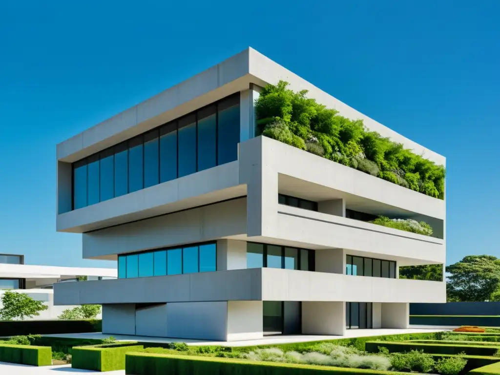 Edificio de cemento bajo en carbono sostenible con jardín en la azotea, bajo cielo azul claro