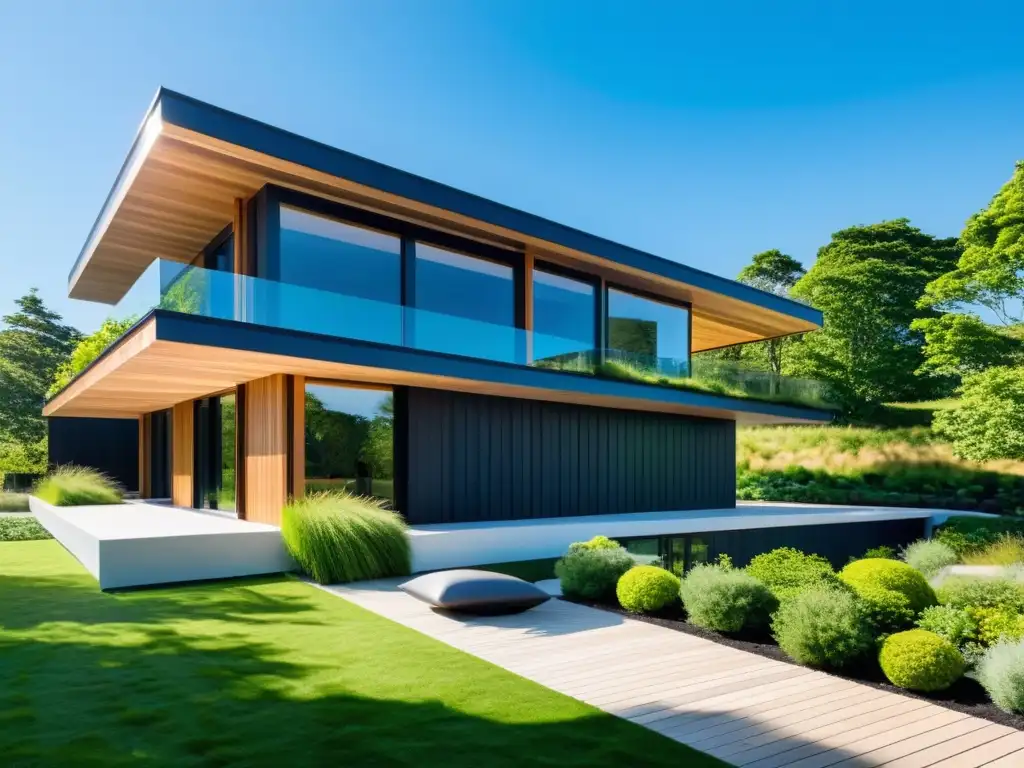 Arquitectura ecoamigable: edificio moderno y sustentable en paisaje natural Edificio ecológico con diseño moderno y elementos naturales, integrando principios de arquitectura ecológica sostenible