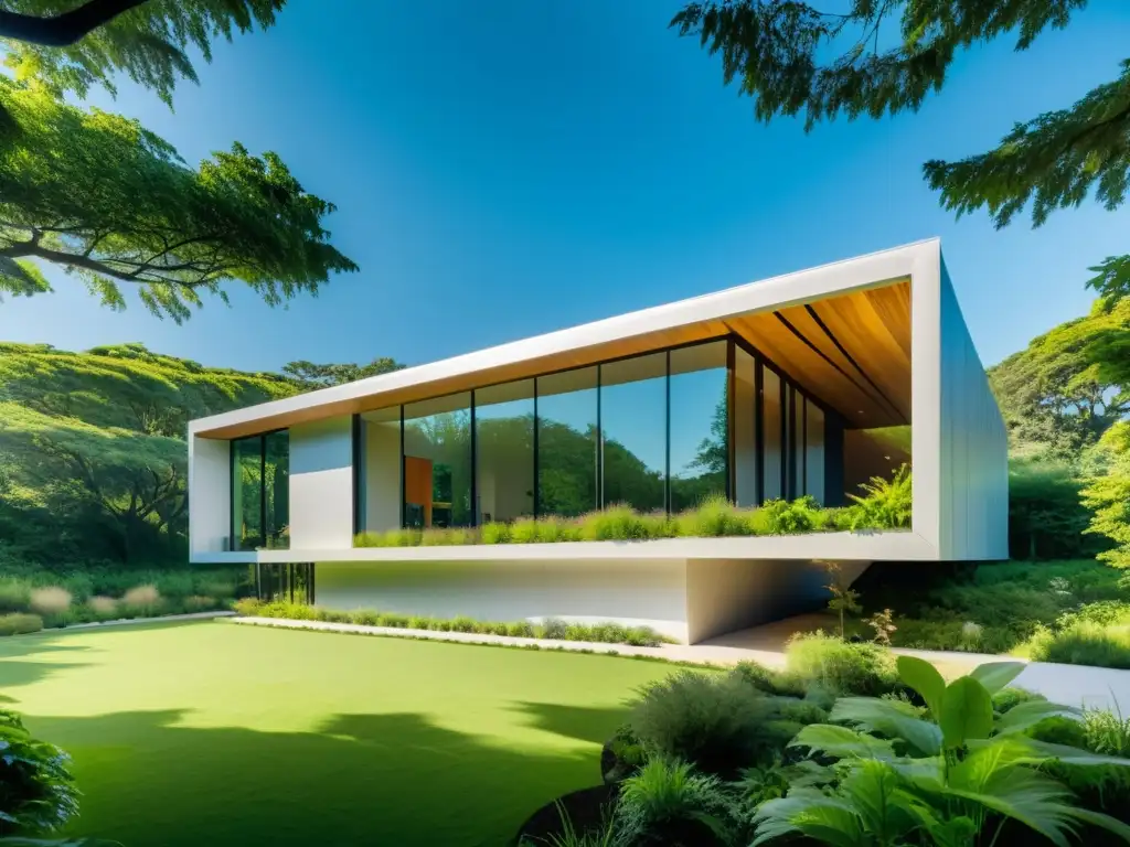 Arquitectura ecológica: edificio futurista en armonía con la naturaleza Edificio ecológico sostenible rodeado de exuberante vegetación