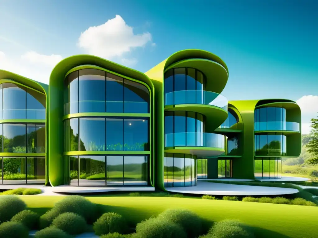 Edificio futurista con integración sistema bioenergía algas, arquitectura sostenible y vegetación exuberante