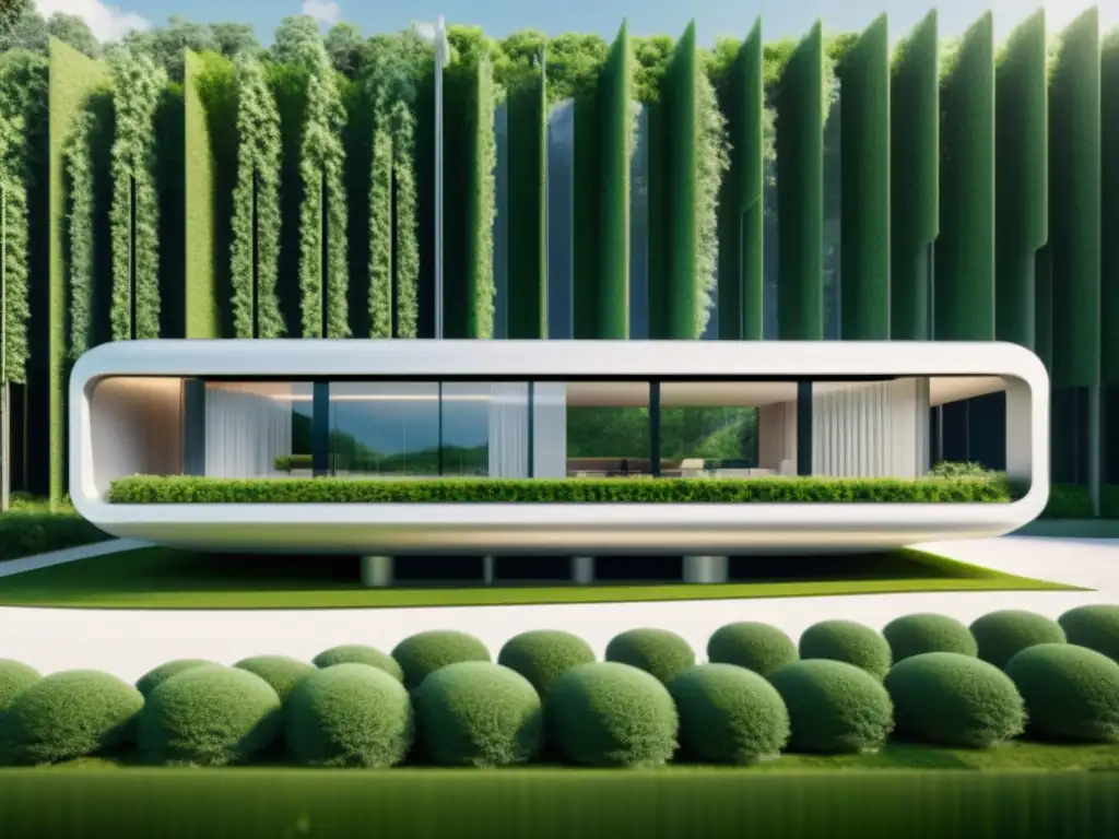 Edificio futurista con materiales inteligentes, diseño minimalista y entorno ecoamigable