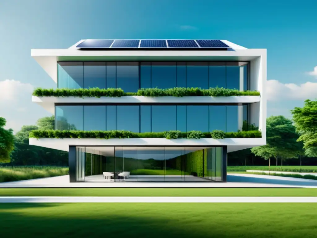 Edificio inteligente con IA y eficiencia energética, rodeado de naturaleza exuberante y tecnología futurista