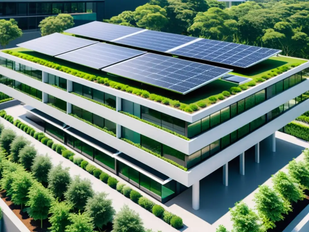 Edificio inteligente sostenible con IA, eficiencia energética y diseño moderno integrado en la naturaleza