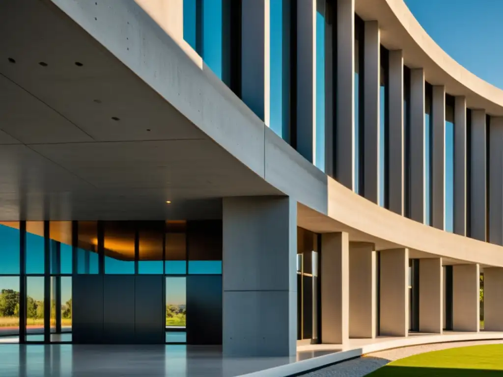 Un edificio moderno de cemento bajo en carbono sostenible, resalta su diseño arquitectónico con sombras dinámicas bajo el sol