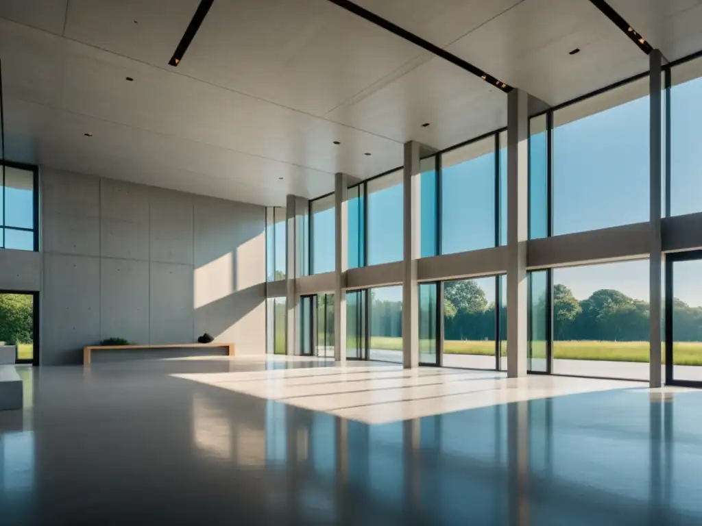 Edificio moderno de cemento bajo en carbono sostenible, con líneas limpias y suave luz natural