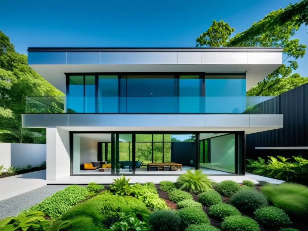 Edificio moderno con integración de sistemas recogida agua lluvia, diseño minimalista y materiales sostenibles, rodeado de exuberante vegetación