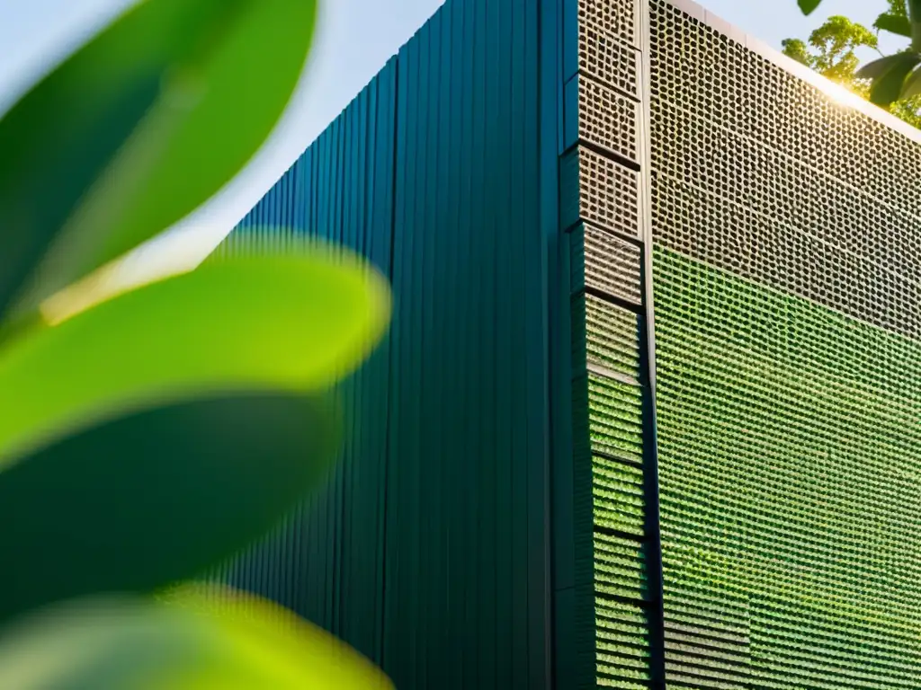 Edificio moderno de ladrillos reciclados, sostenible y vanguardista, resplandece bajo el sol, rodeado de exuberante vegetación